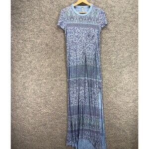 Free People Dress Women XS Blue Floral Maxi Long Crew Neck Short Sleeve Linen